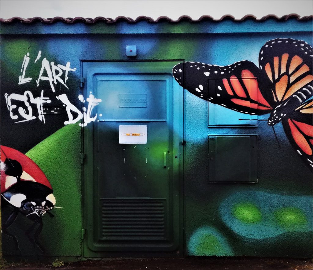 Graffiti représentant une coccinelle et un papillon avec une insciprition L'art est dit 